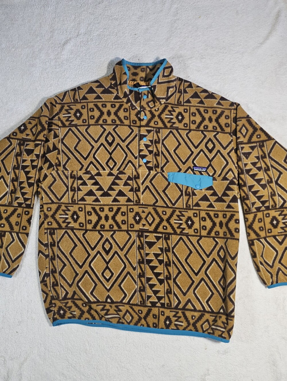 Patagonia Tan & Black Geometric Snap-T Fleece with Turquoise Trim